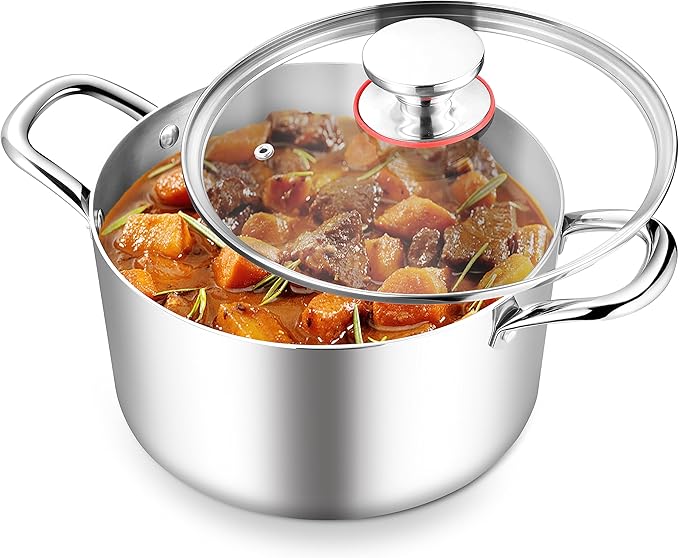 TeamFar 8 Quart Stock Pot, Stainless Steel Tri-ply Stockpot Pasta Cooking Pot with Glass Lid, for Induction Electric Gas Ceramic Stoves, Toxic Free & Heavy Duty, Double Handles & Dishwasher Safe