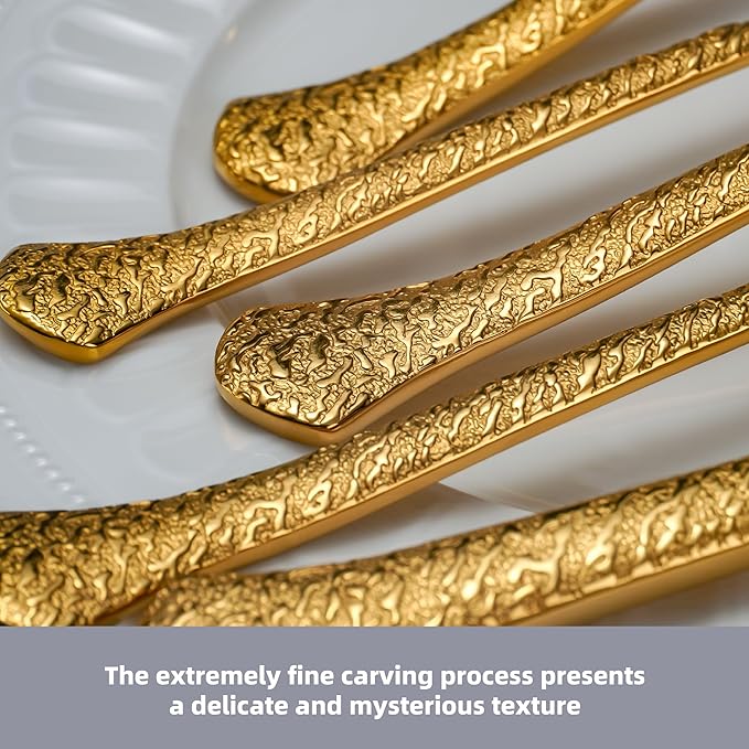 20-Piece Hammered Gold Silverware Set for 4, 18/10 Stainless Steel Flatware Set, Heavy Weight, Dishwasher Safe, Ideal for Wedding Gift