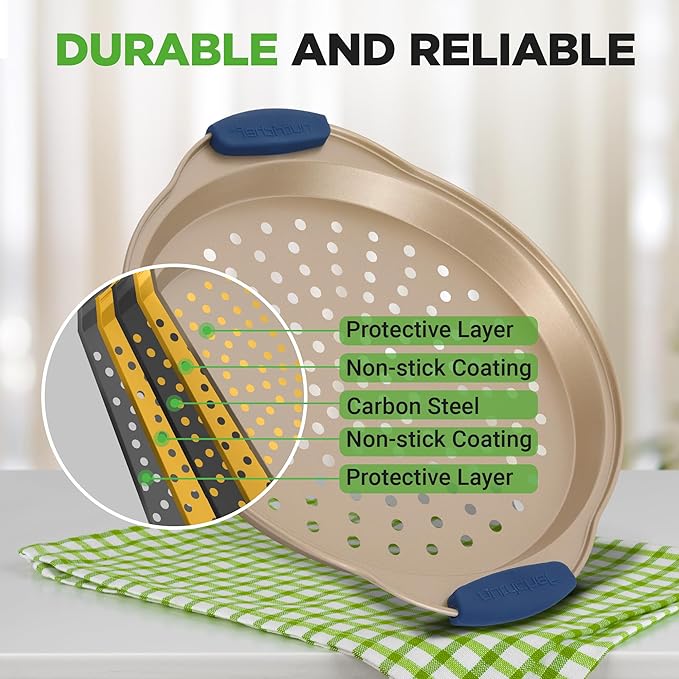 NutriChef 3-Piece Pizza Tray Set with Silicone Handles - Round Nonstick Pizza Pan with Perforated Holes, Durable Carbon Steel, Small, Medium, Large Sizes - Ideal for Crispy, Evenly Baked Pizzas (Gold)