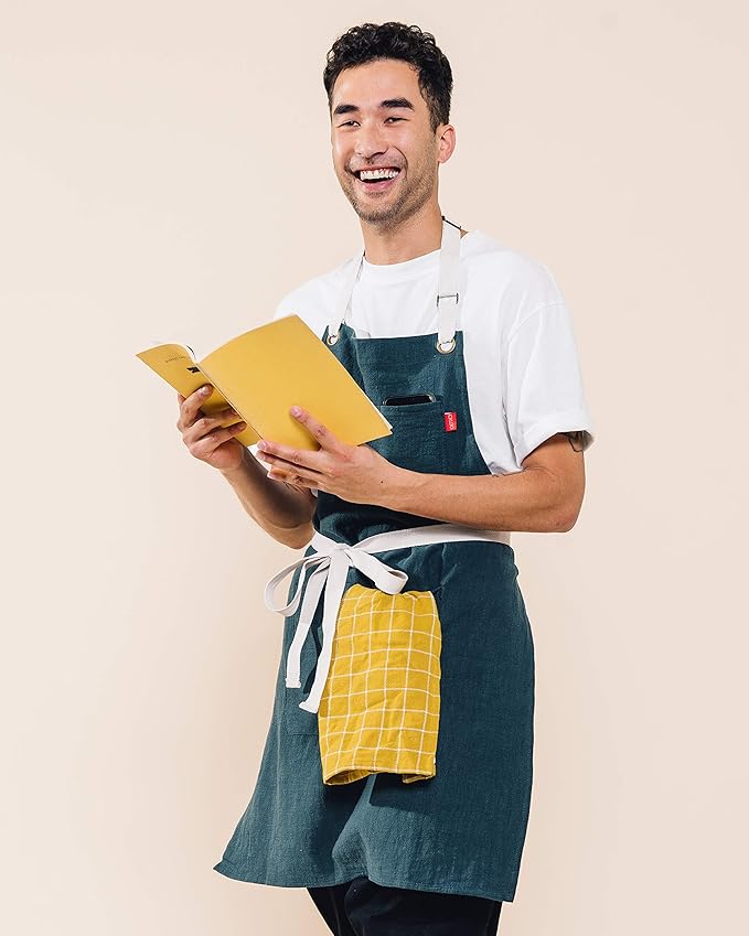Caldo Linen Kitchen Apron - Mens and Womens Linen Bib Apron - Adjustable with Pockets (Spruce)