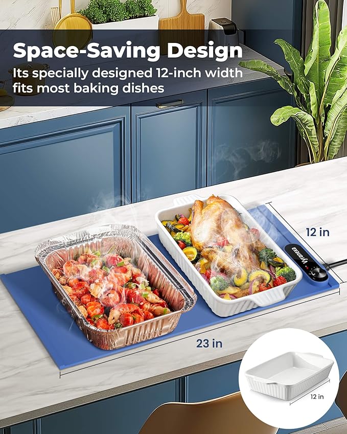 Warming Mat for Food - Space-Saving, Fits Two Baking Dishes, 7 Temp Settings, 4h Auto Shut-Off, Durable Silicone Surface, Easy to Clean, Perfect for Parties and Everyday Use (Blue, Medium)