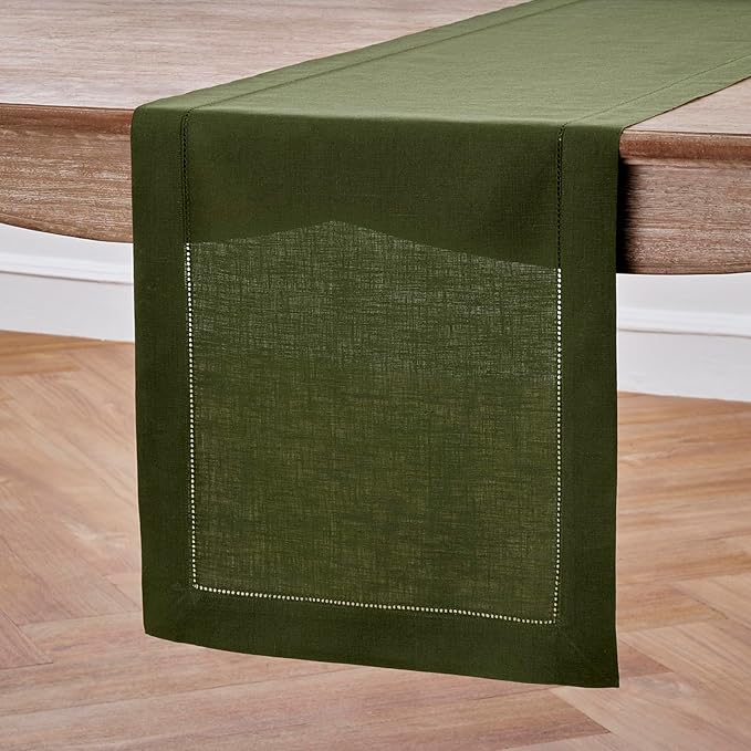 Solino Home Linen Olive Table Runner 72 Inches Long - 100% Pure Linen Hemstitch Table Runner 14 x 72 Inch for Dresser, Dining, Fall, Autumn - Classic Hemstitch