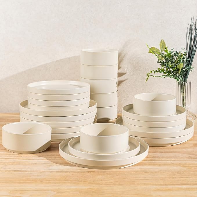 TheTerra Ceramic Dinnerware Sets for 8, 24 Pieces Handmade Reactive Glaze Plates and Bowls Set, Scratch Resistant Dish Set, Oven & Microwave & Dishwasher Safe, Matte White