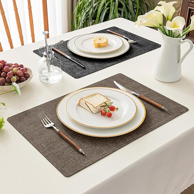 Romanstile Reversible Vinyl Placemats Set of 6, Faux Leather 100% Waterproof Oil-Proof Wipeable Place Mats, Heat Resistant Dual Sided Table Mats for Kitchen/Dining/Party (Grey Brown, 12 x 17 Inch)