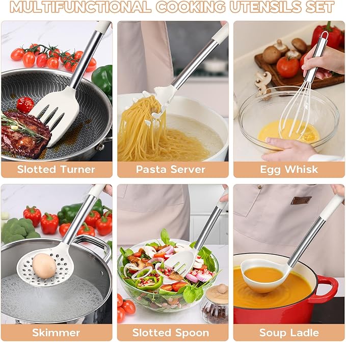 Silicone Kitchen Utensils Set, 15pcs White Silicone Cooking Utensils Set with Holder, Includes Heat Resistant Spatula Turner Spoon Whisk Tong