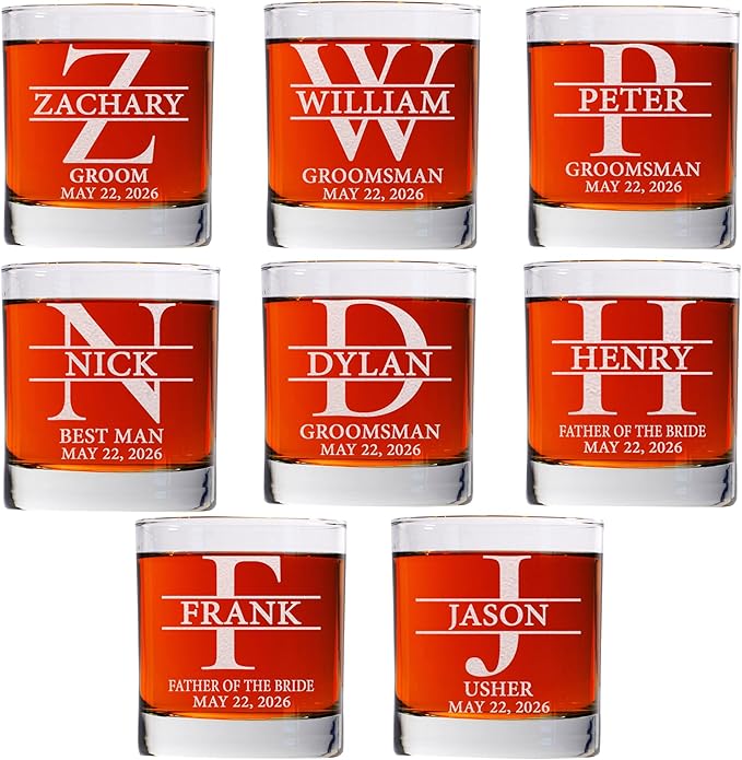 Set Of 8, Personalized Whiskey Glass For Groomsman Gifts, Best Man, Groom, 11oz Old Fashioned Custom Monogrammed Whiskey Glass