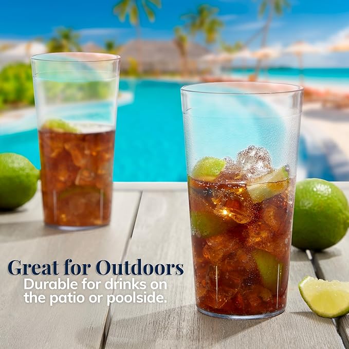 US Acrylic Cafe Plastic Reusable Tumblers (Set of 16) 20-ounce Water Cups in Clear | Value Set of Restaurant Style Drinking Glasses, Stackable, BPA-free, Made in the USA | Top-rack Dishwasher Safe