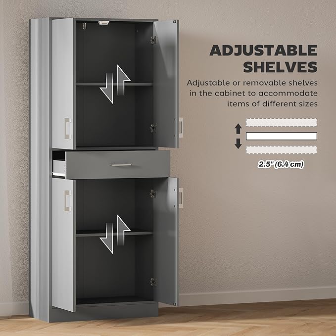HOMCOM 71" Kitchen Pantry Cabinet with Drawer and Adjustable Shelf, Freestanding Tall Storage Cabinet with 2 Double Door Cupboards, Gray