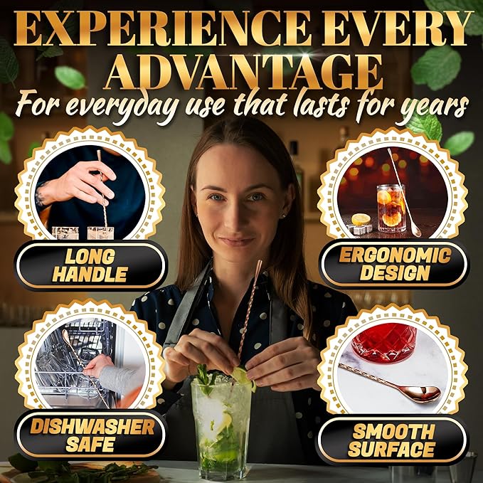 4 Pcs Bar Spoon Cocktail Mixing Spoon Set – Rose Gold Spoons with Elegant Twisted Spiral Handle, Good for Cocktails, Iced Tea, and Coffee Drinks – Durable Stylish Stainless Steel Stirring Spoons