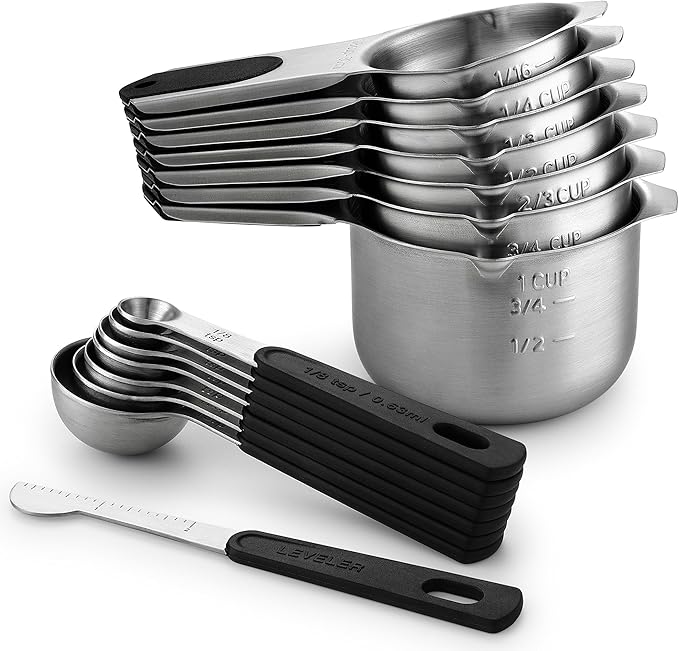 Spring Chef Magnetic Measuring Cups & Spoons Set (Patent Pending), Strong N45 Magnets, Heavy Duty Stainless Steel Fits in Spice Jars for Baking & Cooking, BPA Free, Round Set of 15 with Leveler, Black