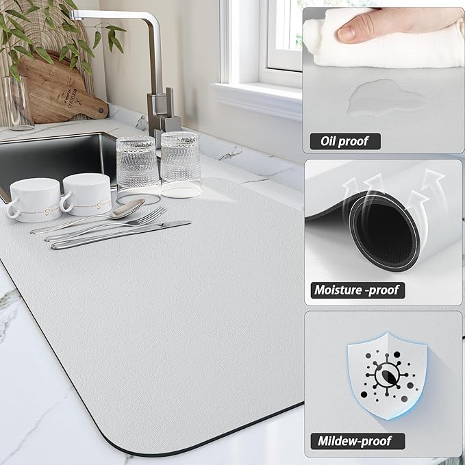 Dish Drying Mat for Kitchen Counter, Heat Resistant Drainer Mats with Non-slip Rubber Backed, Hide Stain Kitchen Super Absorbent Draining Mat, Easy to Clean Dish Rack Pad, Light Grey 18"x28"