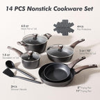 SENSARTE Pots and Pans Set Non stick, Non toxic Healthy Induction Cookware Sets, 14 Pcs Non Stick Kitchen Cooking Set with Frying Pans Set & Saucepan, PFOA PFOS APEO Free, Black
