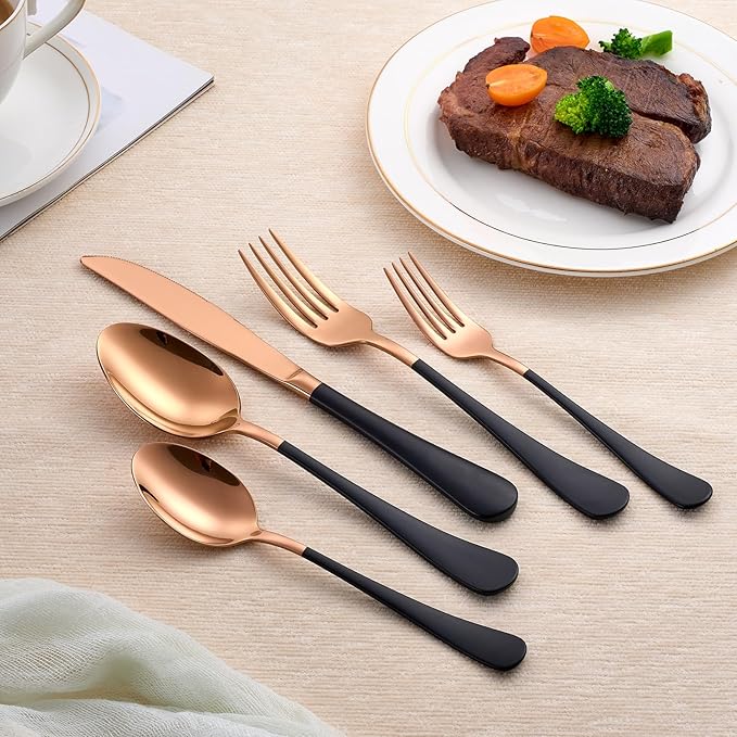 20-Piece Black and Rose Gold Silverware Set 18/0 Stainless Steel Silverware Set Black Handle Cutlery Set Service for 4 Dinner Knives Forks Spoons Set Flatware Set Finish Dishwasher Safe