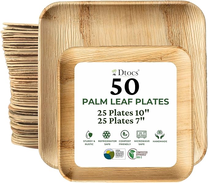 Dtocs Palm Leaf Plates (50) - 10 Inch Square Dinner (25), 7" Dessert (25) | Bamboo Plates Disposable Look Dinnerware Set | Sturdy, Compostable Alternative to Paper, Plastic Party Pack