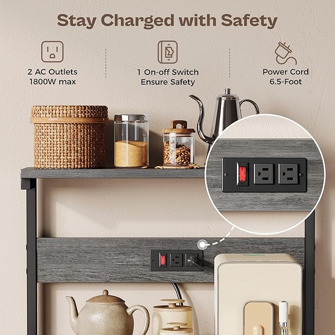 SUPERJARE Kitchen Bakers Rack with Power Outlet, Coffee Bar Table 4 Tiers, Kitchen Microwave Stand with 6 S-Shaped Hooks, Storage Shelf Rack for Spices, Pots and Pans - Charcoal Gray