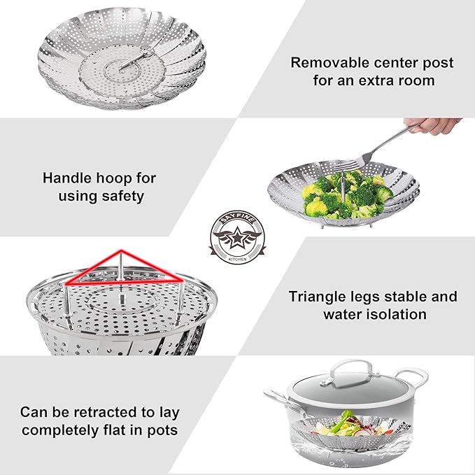 Steamer Basket, Stainless Steel Vegetable Steam Baskets for Steaming Cooking Expandable to Fit Various Size Pot (5.5" to 9.3")