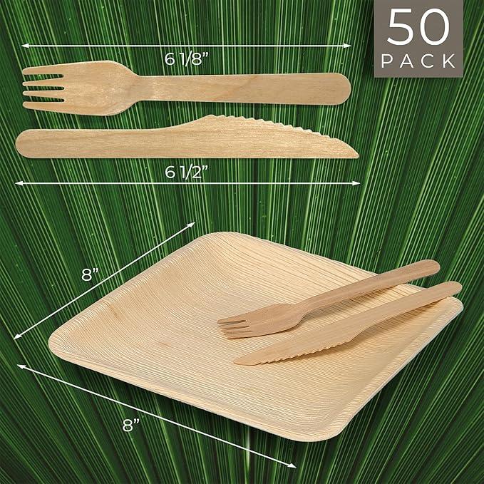 Compostable Square Palm Leaf Plates 8 Inch with Forks & Knives (50 Each) - Like Bamboo Plates, Disposable Party Plates, Biodegradable, Eco-Friendly, Microwave & Oven Safe