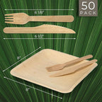 Compostable Square Palm Leaf Plates 8 Inch with Forks & Knives (50 Each) - Like Bamboo Plates, Disposable Party Plates, Biodegradable, Eco-Friendly, Microwave & Oven Safe