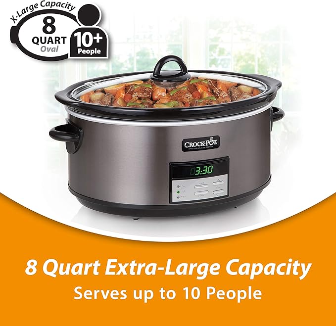 Crock-Pot Large 8-Quart Programmable Slow Cooker with Auto Warm Setting Black Stainless Steel