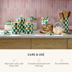 MACKENZIE-CHILDS Small Enamel Canister, Kitchen Storage Container with Lid, Green-and-White Emerald Check