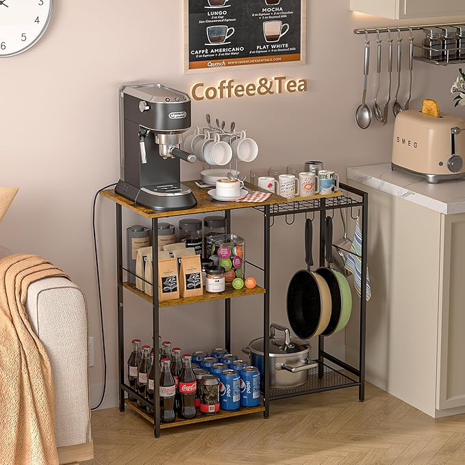 Kitchen Stand with Pots Rack, Utility Microwave Oven Stand with Storage, 5 Tiers Coffee Bar Table, Small Kitchen Bakers Rack with 6 S Hooks, Kitchen Storage Shelf Rack for Spices, Pots, Rustic Brown