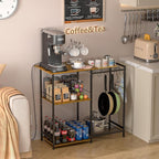 Kitchen Stand with Pots Rack, Utility Microwave Oven Stand with Storage, 5 Tiers Coffee Bar Table, Small Kitchen Bakers Rack with 6 S Hooks, Kitchen Storage Shelf Rack for Spices, Pots, Rustic Brown