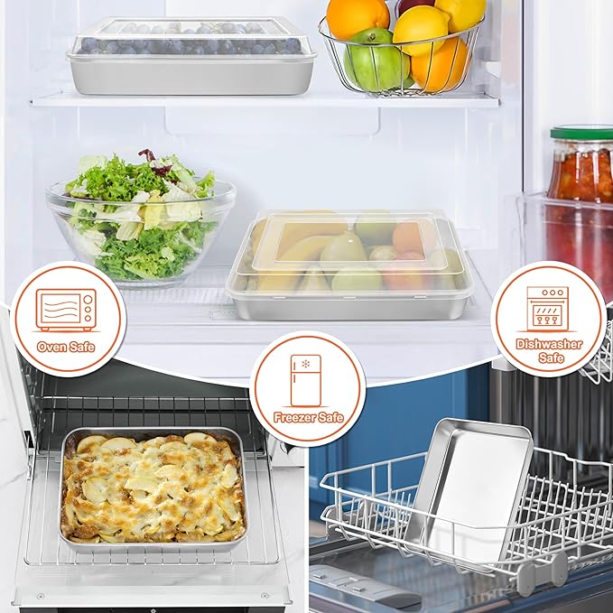 Herogo Baking Pan with Lid, 7 x 9 Inch Stainless Steel Nonstick Deep Pan, Rectangle Cakes Bakeware with Lid for Brownies Casseroles, Non Toxic & Dishwasher Safe, Set of 2