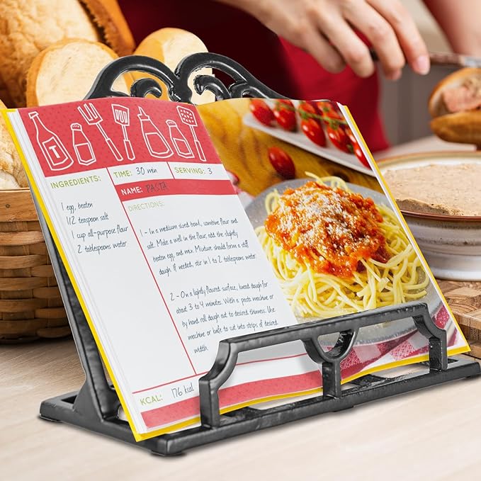 JOGREFUL Cookbook Stand, Cast Iron Heavy-Duty Recipe Book Holder, Kitchen Vintage Recipe Book Holder, Reading Rest Holder for Easel/Counter/Books/Magazine/iPad/Bible, Classic Black