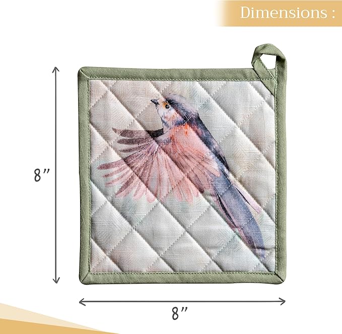 Maison d' Hermine Pot Holders Set 100% Cotton Heat Resistant Potholders 8" x 8" Hot Pads with Loop BBQ, Cooking, Baking, Grilling, Kitchen, Handling Hot Pans Spring/Summer (Pack of 2, Flying Birds)