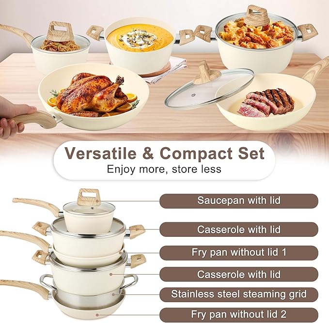 11Pcs Nonstick Cookware Set, Aluminum Nonstick Pots and Pans with Lids & Wooden Handles, Silicone Spoons & Spatulas, Non-toxic Healthy Kitchen Cooking Sets, PFAS & PFOA Free