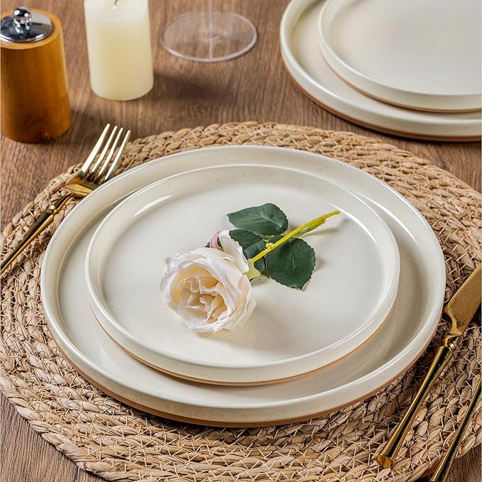AmorArc Ceramic Dinnerware Set for 4 | Speckled Stoneware Plates and Bowls with unglazed terracotta | Scratch Resistant, Dishwasher & Microwave Safe Dishes Sets- 12-Pcs Beige