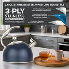 Viking 3-Ply Stainless Steel Tea Kettle, 2.6 Quart Stovetop Hot Water Pot with Tempered Glass Lid, Ergonomic Handle, Induction Ready, Slate and Blue