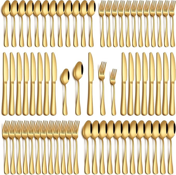 60 Piece Gold Silverware Set, Stainless Steel Flatware Set for 12 Food Grade Cutlery Utensil Set Include Knife Fork Spoon Mirror Polished Dishwasher Safe