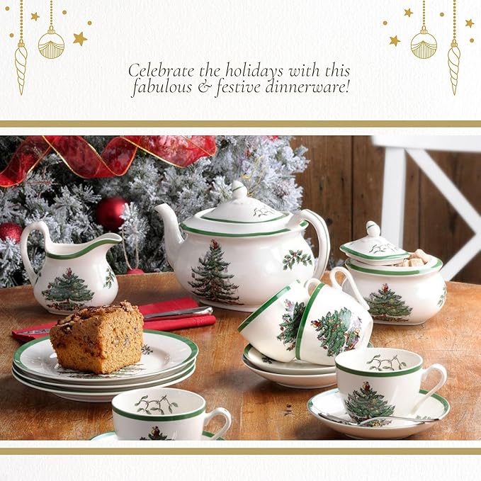 Spode Christmas Tree 5-Piece Holiday Dinnerware Set - Festive Earthenware Tableware Collection with Plates, Teacups, Saucers - Microwave, Dishwasher Safe - Christmas Dinnerware & Holiday Tableware