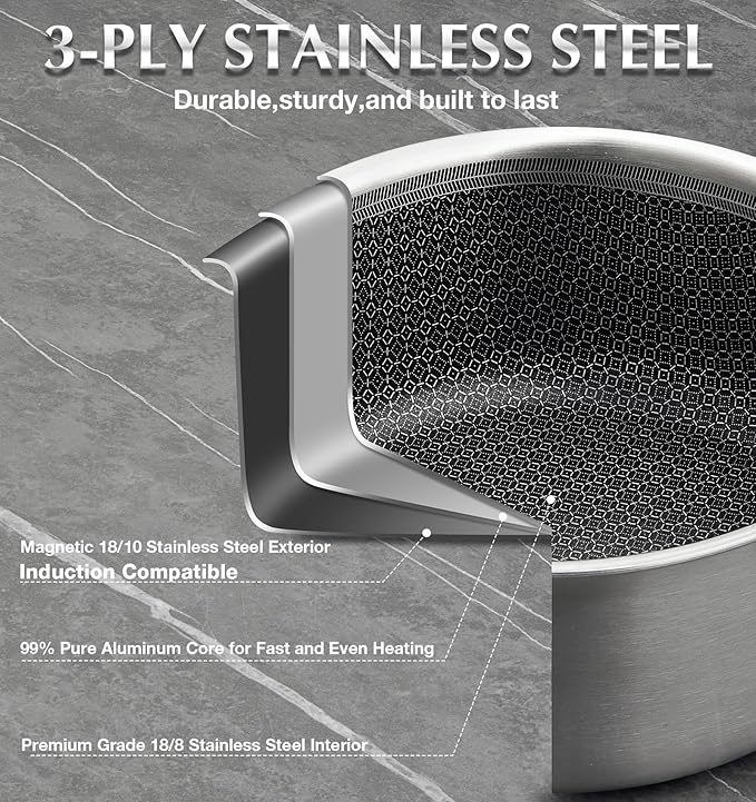 KOCH SYSTEME CS Hybrid Nonstick Stainless Steel Saucepan Set, 1QT & 2QT Triply Stainless Steel Saucepan Set with Hybrid Nonstick Honeycomb Interior, 4-Piece Sauce Pans, Induction Steel Pot Set