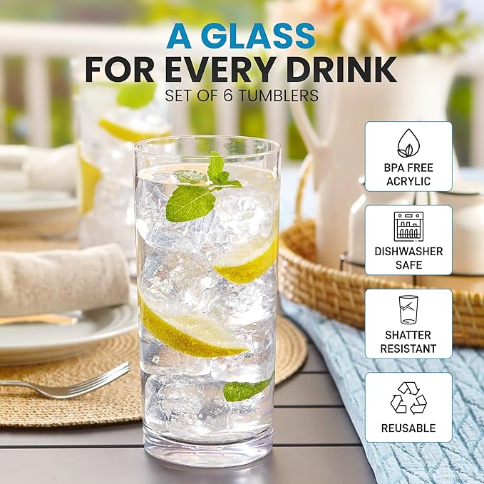 Zulay Kitchen Acrylic Plastic Glasses Drinkware - 6 Piece Unbreakable Plastic Tumblers - BPA-Free, Reusable Plastic Drinking Glasses for Home & Outdoors - Lead-Free & Dishwasher Safe - (24 oz)