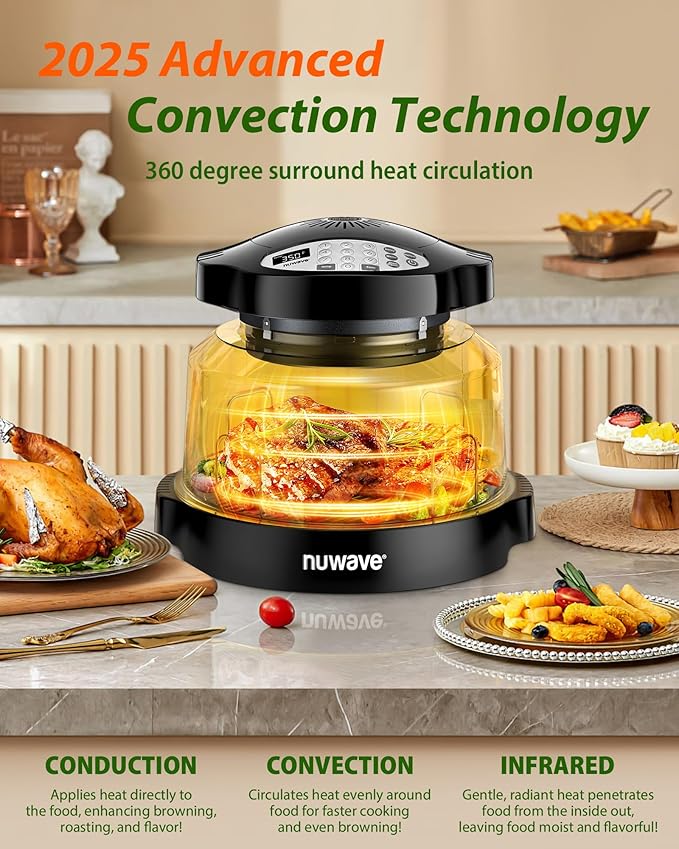 Nuwave Oven Pro Plus Air Fryer, Infra-Red Countertop, 2025 Advanced Convection, No Defrosting or Preheating, Cook Fresh or Frozen, Durable Power Dome, 100 Presets & 50 Memory, PFAS Free, Black