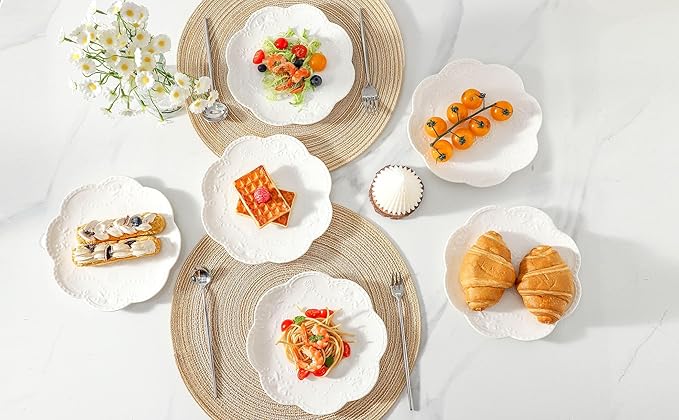 Neaylfe 6-Piece Embossed Ceramic Salad Plates, 8 Inch White Dinner Plates for Kitchen, Lightweight Round Plates, The Dessert, Salad, Appetizer, Small Lunch, etc Plate
