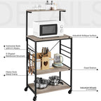 Yaheetech Kitchen Bakers Rack on Wheels(16D x 24W x 50H Inches), Microwave Stand Kitchen Cart, Rolling Coffee Bar Cart with 6 S-Side Hooks and Adjustable Feet, Utility Storage Shelf, Gray