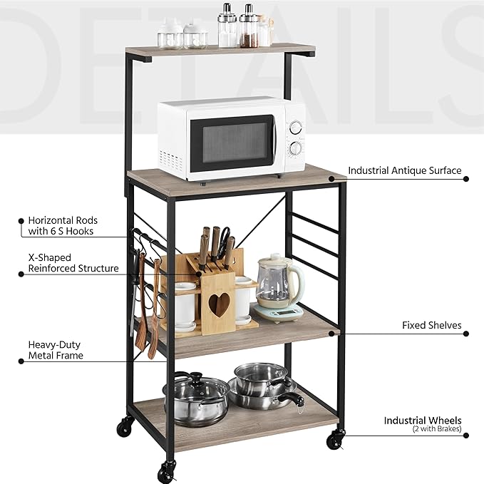 Yaheetech Kitchen Bakers Rack on Wheels(16D x 24W x 50H Inches), Microwave Stand Kitchen Cart, Rolling Coffee Bar Cart with 6 S-Side Hooks and Adjustable Feet, Utility Storage Shelf, Gray