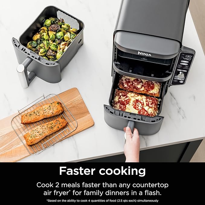 Ninja Air Fryer, 10QT DoubleStack XL 2-Basket, Compact Design, Cooks 5lb Whole Chicken, Feeds Up to 8 People, 6-in-1 Air Fryer, Roast, Bake & More, Easy to Clean, Dishwasher Safe Parts, Grey, SL401