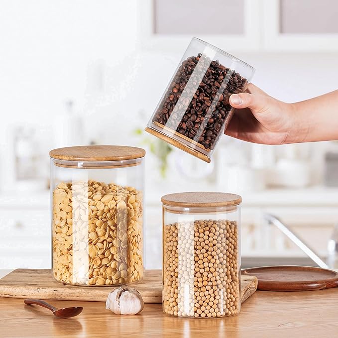 Glass Flour Storage Containers with Lids, Glass Jars with Bamboo Lids, Large Food Storage Jar, Sugar, Pantry Storage Container for Pasta Rice Flour Oats Nuts Tea Spice (Round 27oz+54oz+100oz)