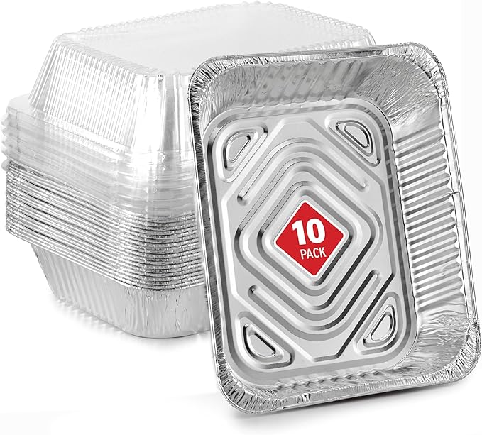 Stock Your Home 9x13 Disposable Baking Pan with Lid (10 Pack) Heavy Duty Aluminum Cake Pans with Lids, Clear Plastic Cover, Food Container for Lasagna, Casserole, Brownie, Rectangular Sheet Tray