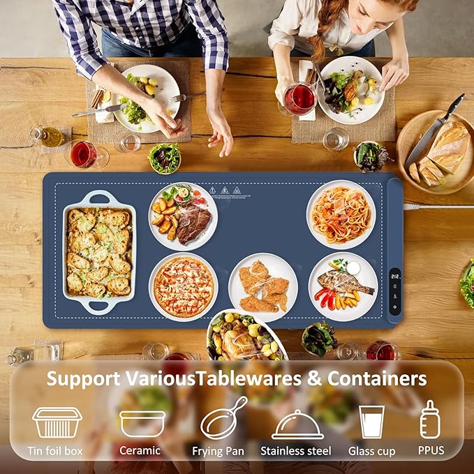OcePor (XXL 36"x16") Food Warming Mat, Electric Warming Tray,Foldable Food Warmer for Parties, Buffets, Family Gatherings, Holiday & Sabbath, Child Lock, Heating Mat for Food, (Blue)