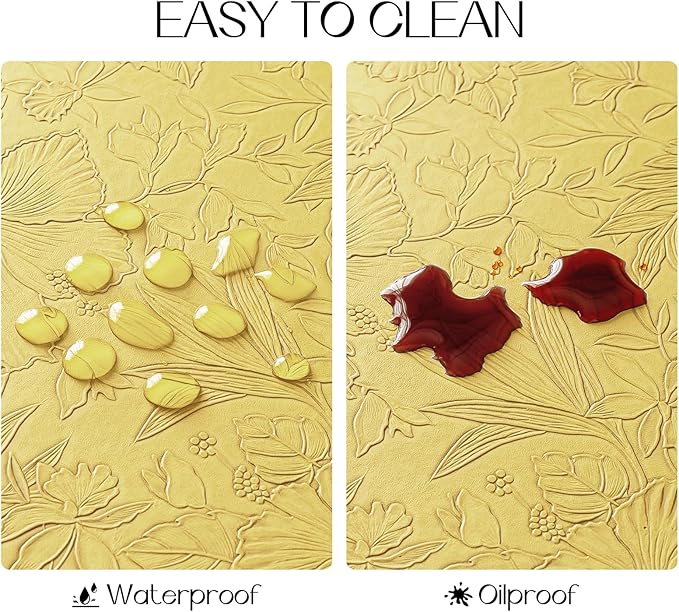 Romanstile Vinyl Placemats Set of 4-12 X 18 Inch - Heat Resistant Non-Slip Embossed Floral Place Mats 100% Waterproof Oilproof Wipeable Faux Leather Table Mats for Kitchen/Dining/Party, Yellow