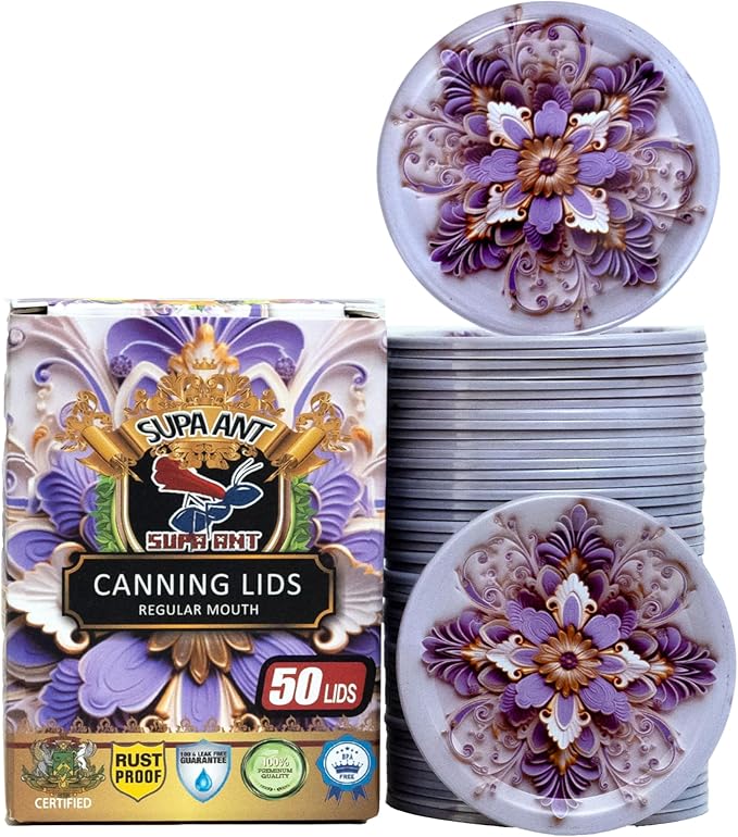 Supa Ant Thickest Canning Lids Regular Mouth (50 Pcs.) Food Grade Tin Can Lids for Canned Food - Buckle Proof & Rust Proof Lid for Canning Kit for Regular Mouth Mason Jars (Ceramic) Canning Supplies