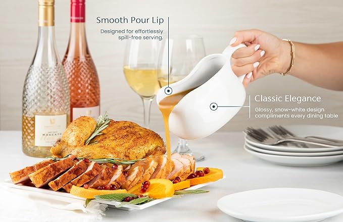 Kook Gravy Boat & Saucer, 17 oz, Ceramic Serving Dish, Dispenser with Tray for Sauces, Dressings and Creamer, Large Handle, Microwave and Dishwasher Safe, White (Classic Gravy Boat)