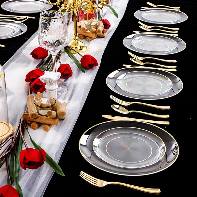 PULOTE 100PCS Clear and Gold Plastic Plates - Heavy Duty Clear Disposable Plastic Plates With Gold Trim for Wedding&Party Include 50 Dinner Plates, 50 Dessert Plates