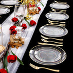 PULOTE 100PCS Clear and Gold Plastic Plates - Heavy Duty Clear Disposable Plastic Plates With Gold Trim for Wedding&Party Include 50 Dinner Plates, 50 Dessert Plates