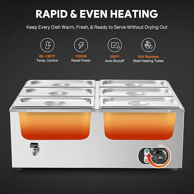 WILPREP Commercial Food Warmer with Six 1/3 Pans, 1500W Countertop Electric Warmer, 86-185°F Adjustable Temp Control & Over-Temp Protection, Stainless Steel Buffet Bain Marie